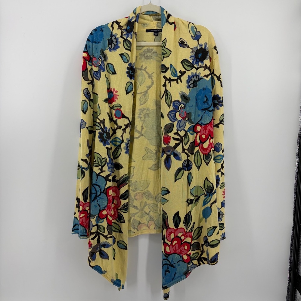 Chadwicks Floral Cardigan Yellow Women Size L Cotton Open Front‎ Shawl Collar